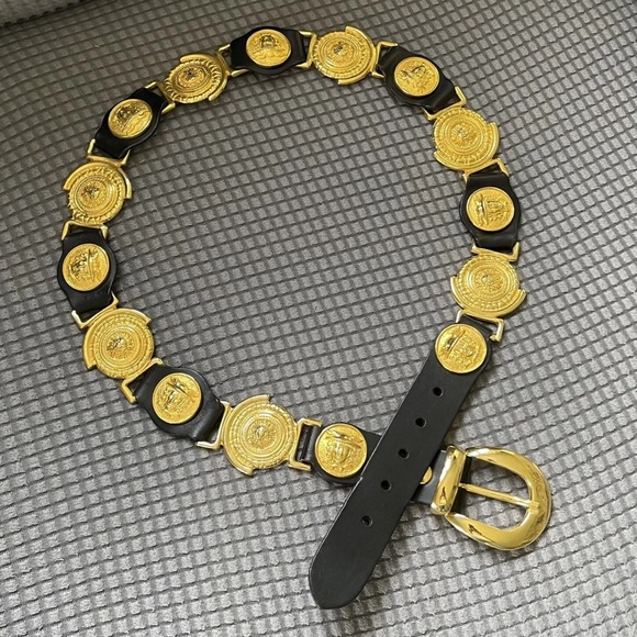 Vtg Milos Italy Black Leather Gold Hermes Head Greek God Medallion Belt LARGE - Picture 2 of 16